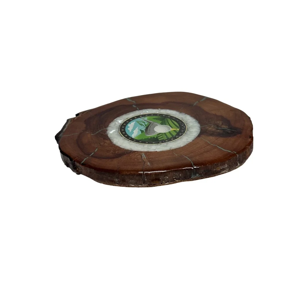 Handmade Wood Slice Golf Coaster Turquoise Inlay Resin Gloss Cork Back 4.75